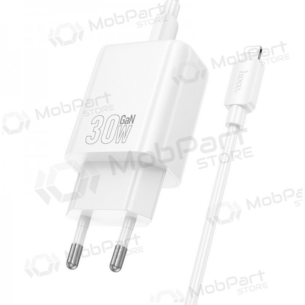Telefonladdare Hoco N63 30 W GaN USB-C + USB-A med Lightning-kabel 1 m vit