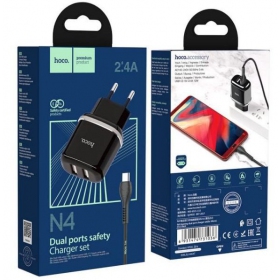 Laddare HOCO N4 Aspiring Dual USB + microUSB kabel (5V 2.4A) (svart)