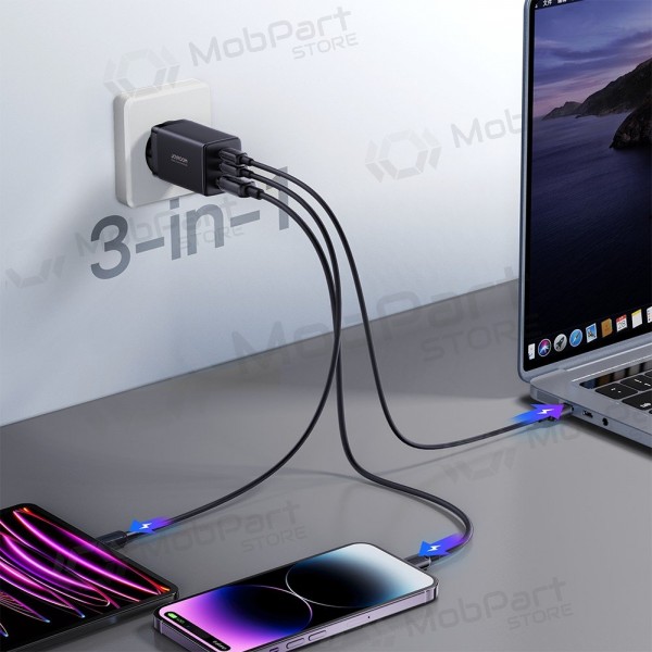 Laddare buitinis Joyroom GaN JR-TCG01 2xUSB-C/USB-A 65W + USB-C cable 1.2m svart