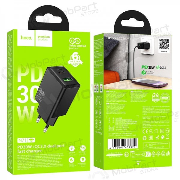 Telefonladdare Hoco N71 30 W GaN USB-C + USB-A svart