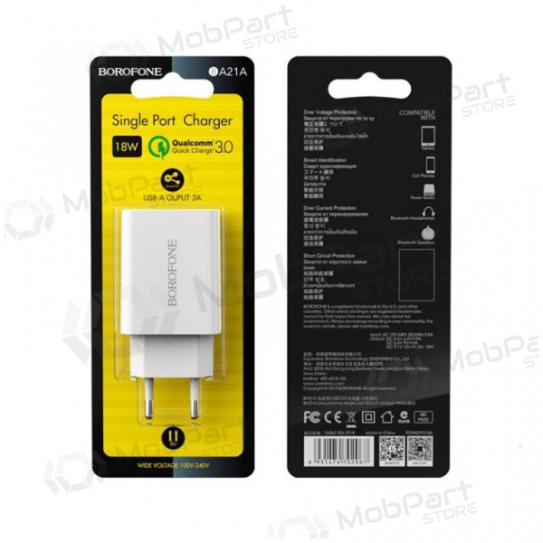 Laddare BOROFONE BA21A Long journey QC3.0 USB 18W (3.6V-6.5V/3A, 6.6V-9V/2A, 9.1V-12V/1.5A) (vit)