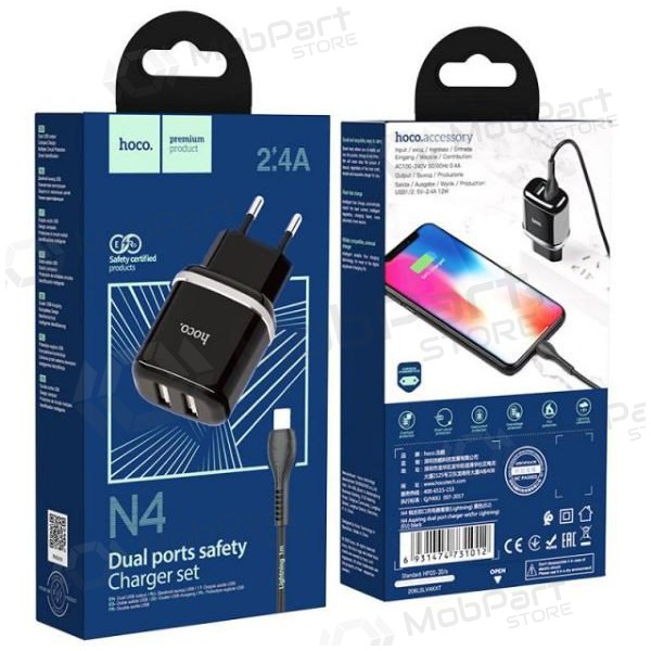 Laddare HOCO N4 Aspiring Dual USB + type-C kabel (5V 2.4A) (svart)