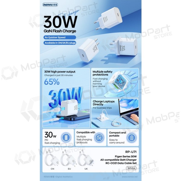Telefonladdare Remax RP-U71 30 W GaN USB-C med USB-C-kabel 1 m vit