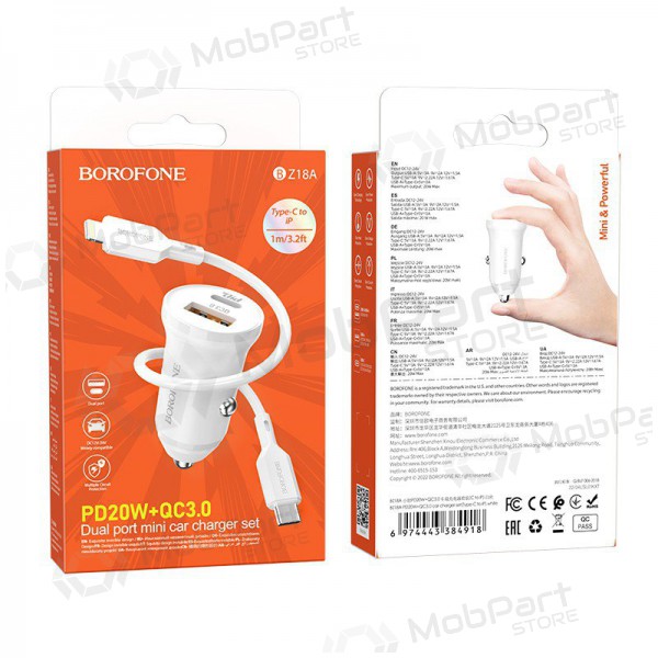 Laddare automobilinis Borofone BZ18A USB-A/Type-C PD20W+QC3.0 + Lightning (vit)