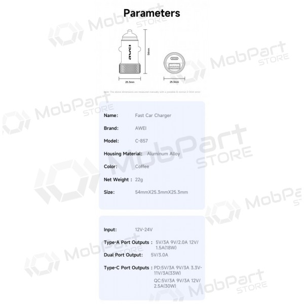 Billaddare Awei C-857 33W USB-C/USB-A svart