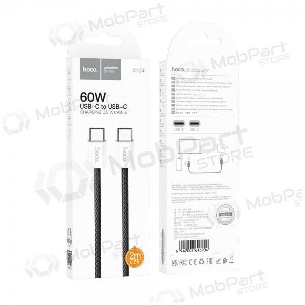 USB kabel Hoco X104 60W USB-C to USB-C 2.0m svart