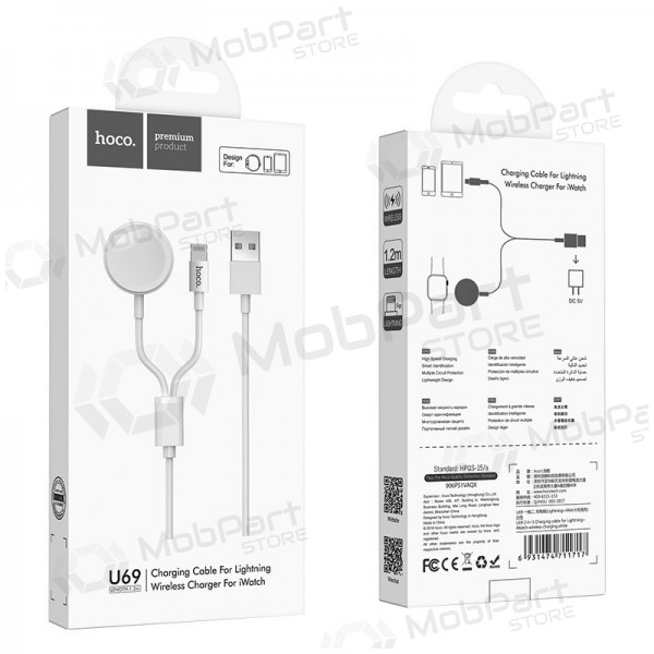 USB kabel HOCO U69 lightning 1.0m (with iWatch wireless charger) (vit)