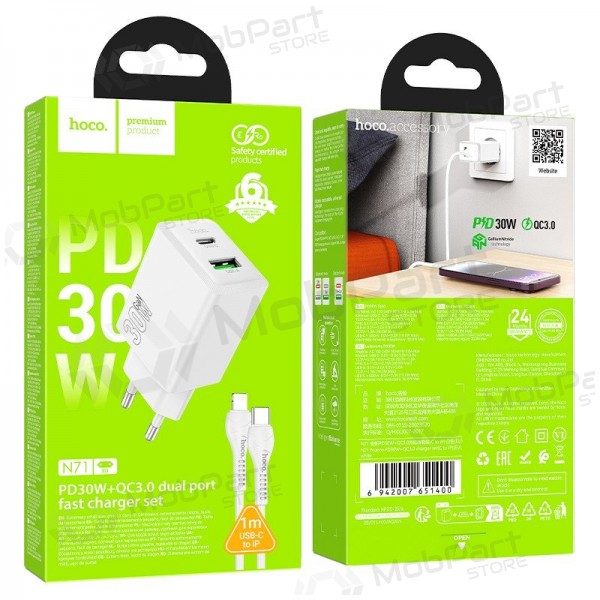 Telefonladdare Hoco N71 30 W GaN USB-C + USB-A med Lightning-kabel 1 m vit