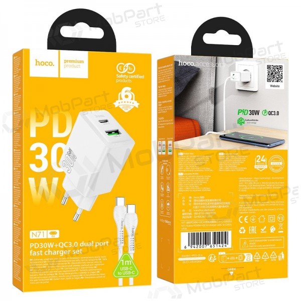 Telefonladdare Hoco N71 30 W GaN USB-C + USB-A med USB-C-kabel 1 m vit