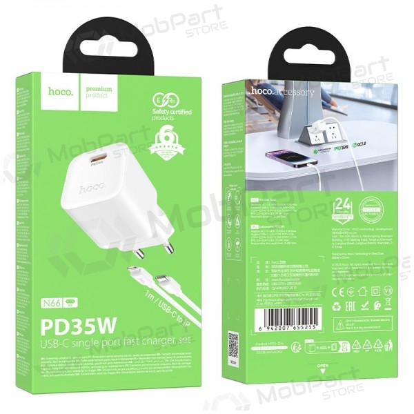 Telefonladdare Hoco N66 35 W GaN USB-C + USB-A med Lightning-kabel 1 m vit