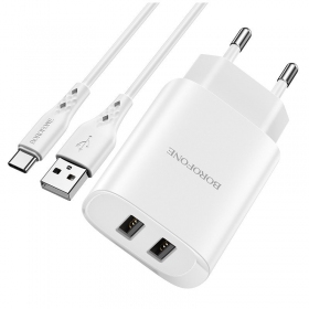 Laddare Borofone BN2 2xUSB 2.1A + USB Type-C (vit)