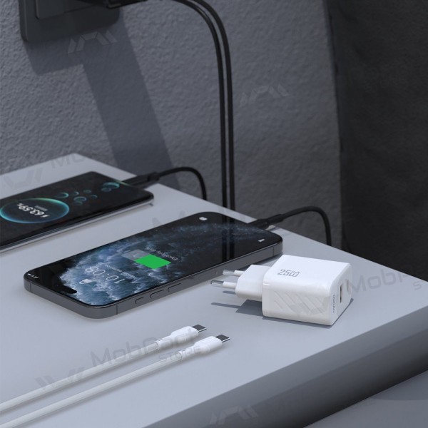 Telefonladdare Dudao A26TC 25 W GaN USB-C + USB-A med USB-C-kabel 1 m vit
