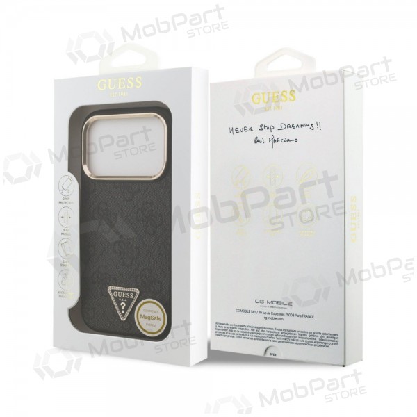 Apple iPhone 18 Pro fodral - Guess PU Leather 4G Strass Triangle Logo Gold Frame MagSafe (svart)