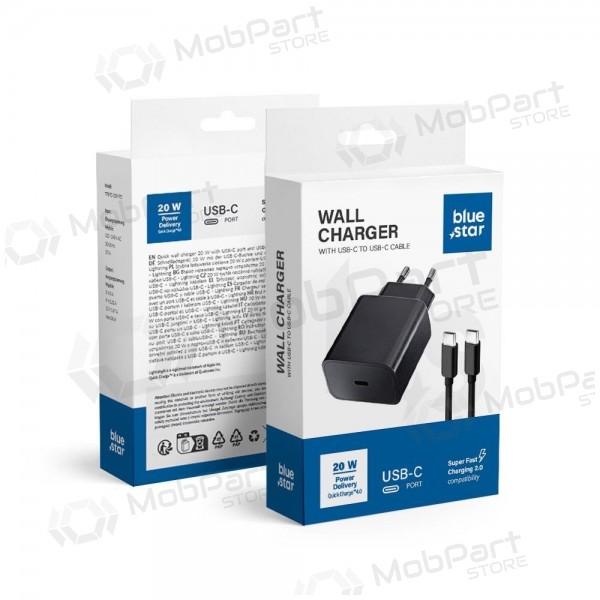 Telefonladdare Blue Star 20 W USB-C med USB-C-kabel svart