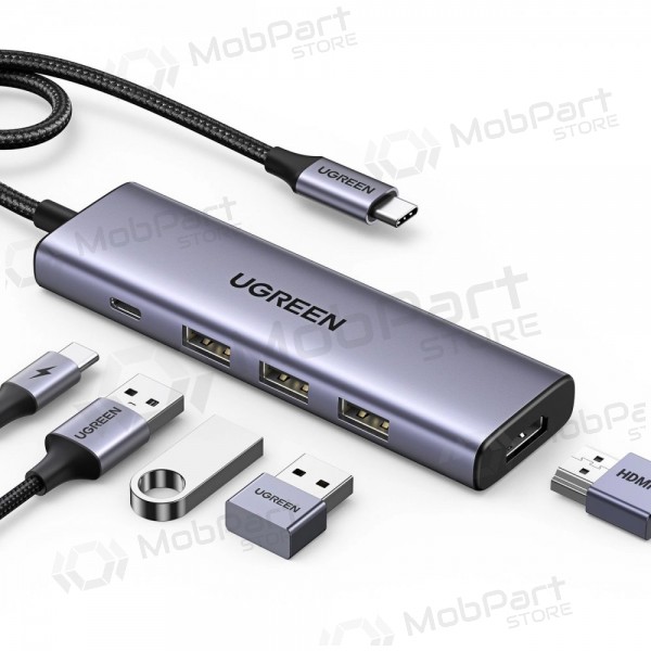 Adapter Ugreen CM511 USB-C to HDMI 1.4 + 3xUSB-A + USB-C PD100W grå