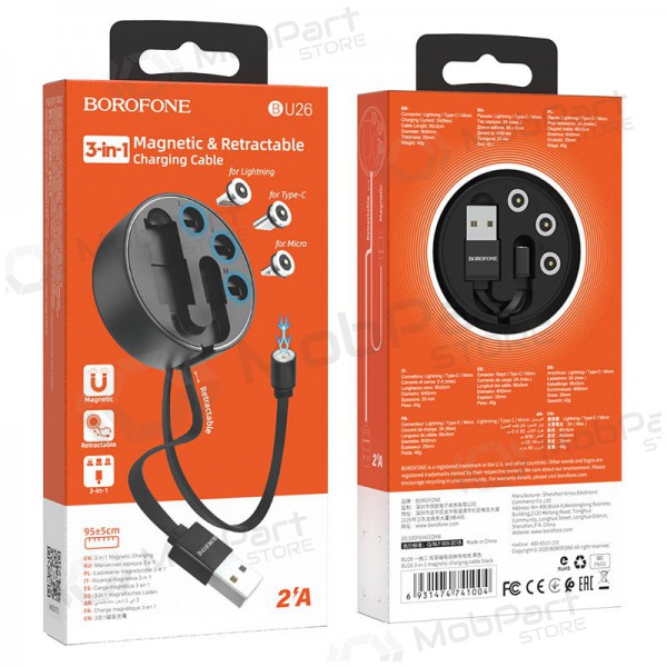 USB kabel Borofone BU26 3in1 microUSB-Lightning-Type-C magnetinic 1.0m (svart)