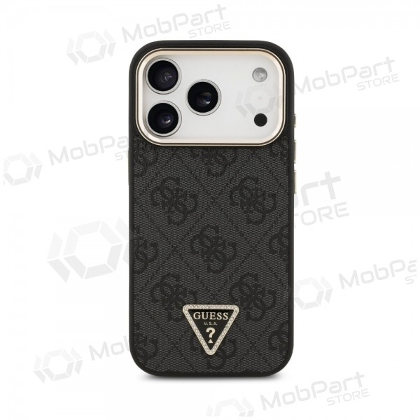 Apple iPhone 18 Pro Max fodral - Guess PU Leather 4G Strass Triangle Logo Gold Frame MagSafe (svart)