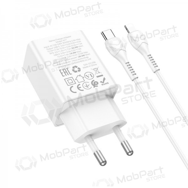 Telefonladdare Hoco N71 30 W GaN USB-C + USB-A med Lightning-kabel 1 m vit