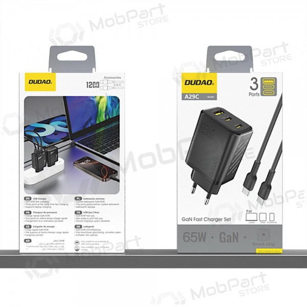 Telefonladdare Dudao A28PC 45 W GaN 2x USB-C med USB-C-kabel 1 m svart