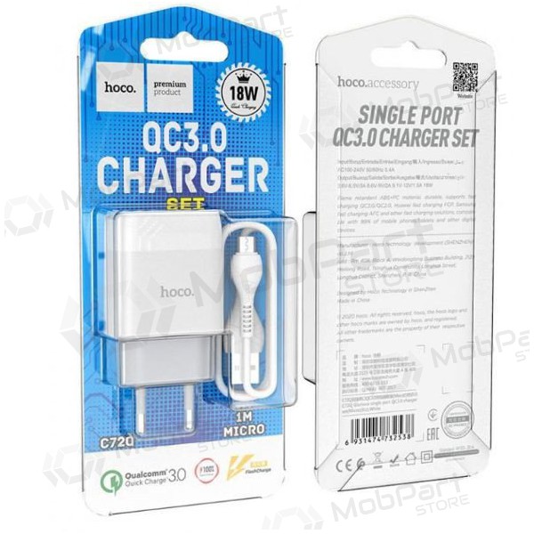 Laddare HOCO C72Q Glorious USB + microUSB kabel (QC3.0) (vit)