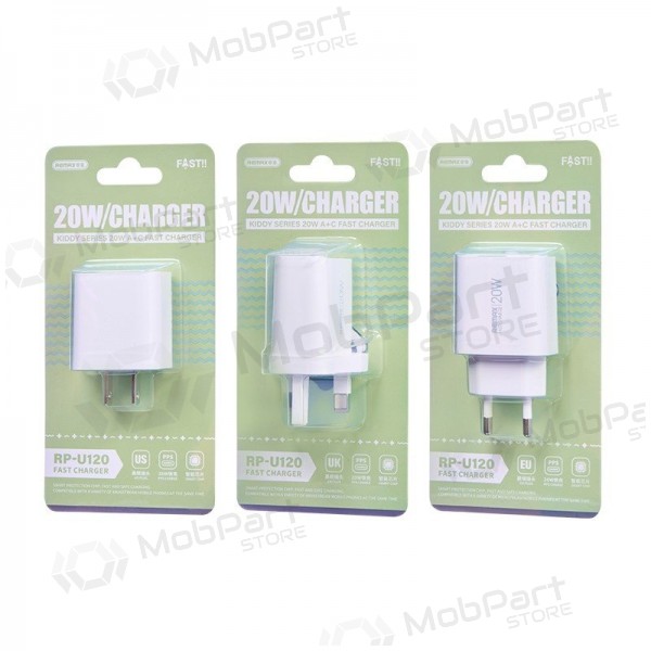 Telefonladdare Remax RP-U120 20 W USB-C + USB-A vit