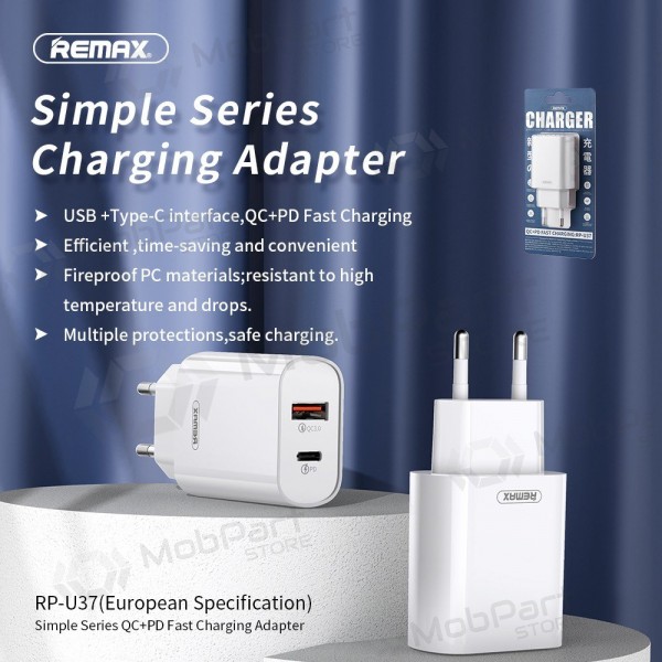 Telefonladdare Remax RP-U37 20 W USB-C + USB-A vit