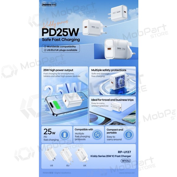 Telefonladdare Remax RP-U137 25 W USB-C vit