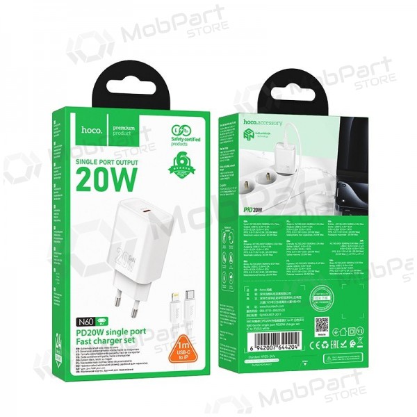 Laddare Hoco N60 20W GaN USB-C + USB-C to Lightning cable 1.0m vit