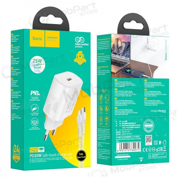 Telefonladdare Hoco N22 25 W USB-C med Lightning-kabel 1 m vit