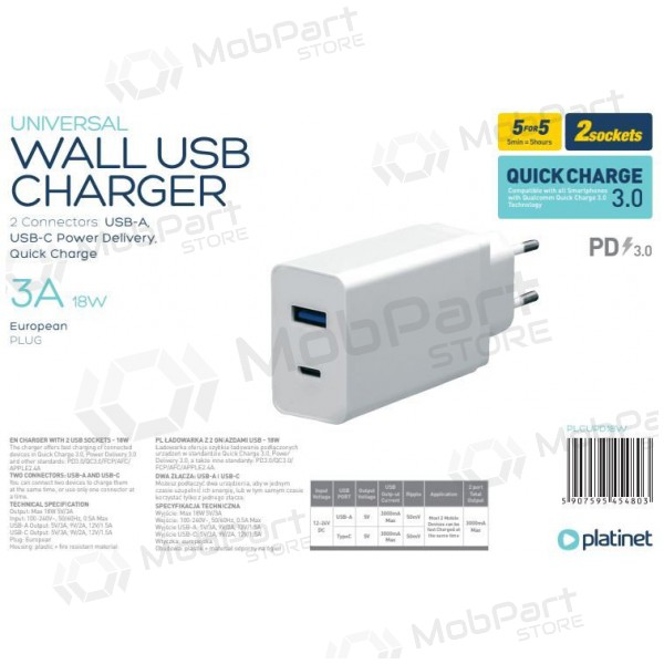 Platinet QuickCharge Type-C+USB 3.0A (18W) laddare
