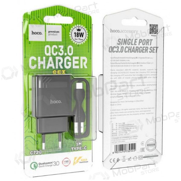 Laddare HOCO C72Q Glorious USB + type-C kabel (QC3.0) (svart)
