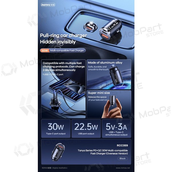 Billaddare Remax RCC359 30 W USB-C + USB-A svart