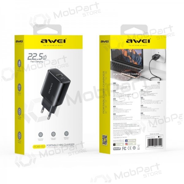 Telefonladdare Awei PD85T-EU 22.5 W USB-C + USB-A med USB-C-kabel 1 m svart