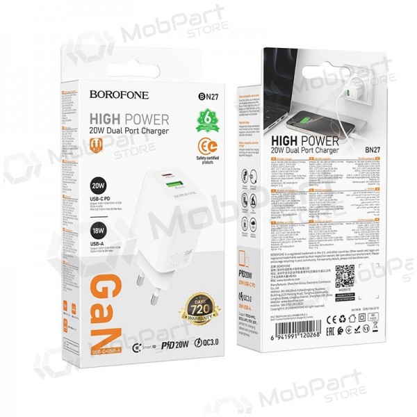 Laddare Borofone BN27 20W USB-C/USB-A vit