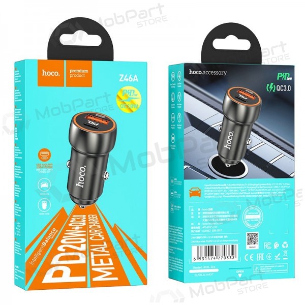Laddare automobilinis Hoco Z46A USB-A/Type-C PD20W+QC3.0 grå