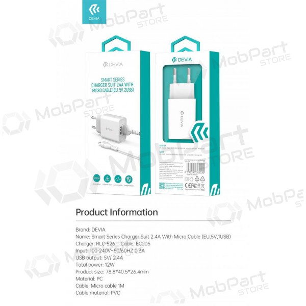 Laddare Devia Smart x 2 USB (2.4A) + MicroUSB, (vit)