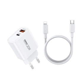 Telefonladdare Remax RP-U120 20 W USB-C + USB-A med Lightning-kabel 1 m vit