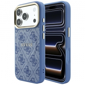 Apple iPhone 18 Pro Max fodral - Guess PU Leather 4G Gold Frame Embossed MagSafe (blå)