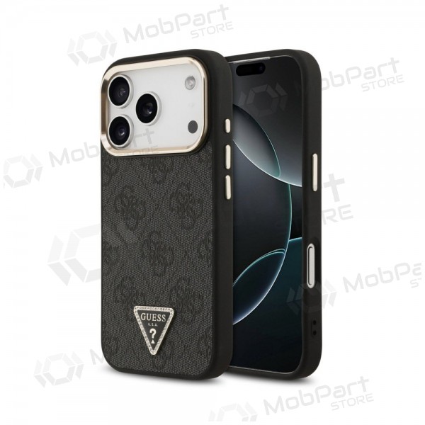 Apple iPhone 18 Pro Max fodral - Guess PU Leather 4G Strass Triangle Logo Gold Frame MagSafe (svart)