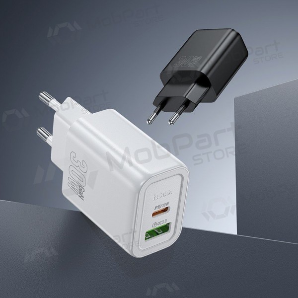 Telefonladdare Hoco N63 30 W GaN USB-C + USB-A med Lightning-kabel 1 m vit
