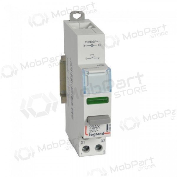 Mygtukas ant DIN bėgeliomed indikacijos lempute Legrand 412920 (20A 100V/1 x N0 kontaktas)