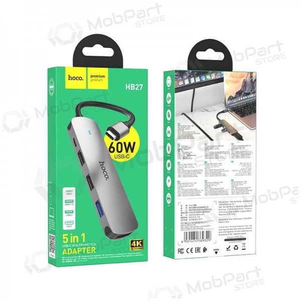 Adapter Hoco HB27 Type-C Multi-Function Converter HDMI+USB3.0+USB2.0*2+PD grå