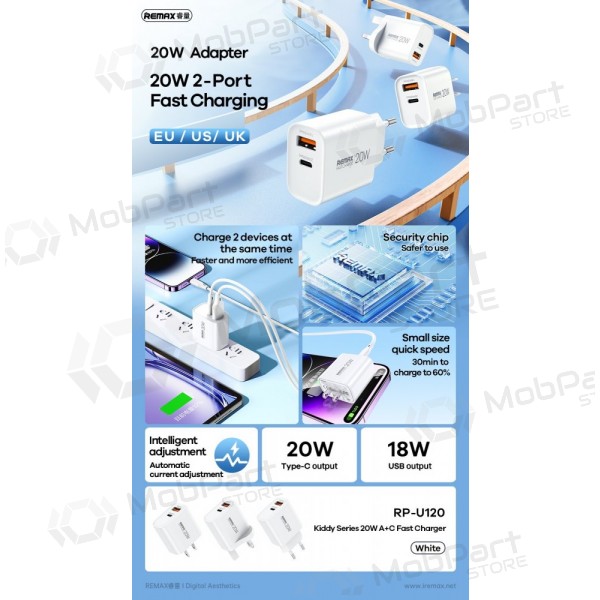 Telefonladdare Remax RP-U120 20 W USB-C + USB-A vit