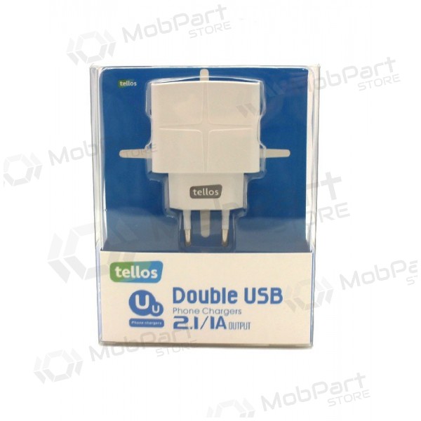 Laddare Tellos su USB (dual) (1A+2.1A) (vit)