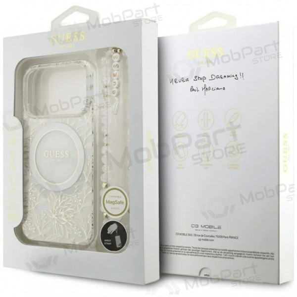 Apple iPhone 18 Pro fodral - Guess IML Flowers Allover Strap MagSafe (vit)