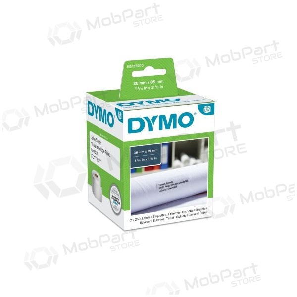 Dymo 99012 (S0722400) etiketter 36 x 89 mm, 2 rullar x 260 etiketter, vit...